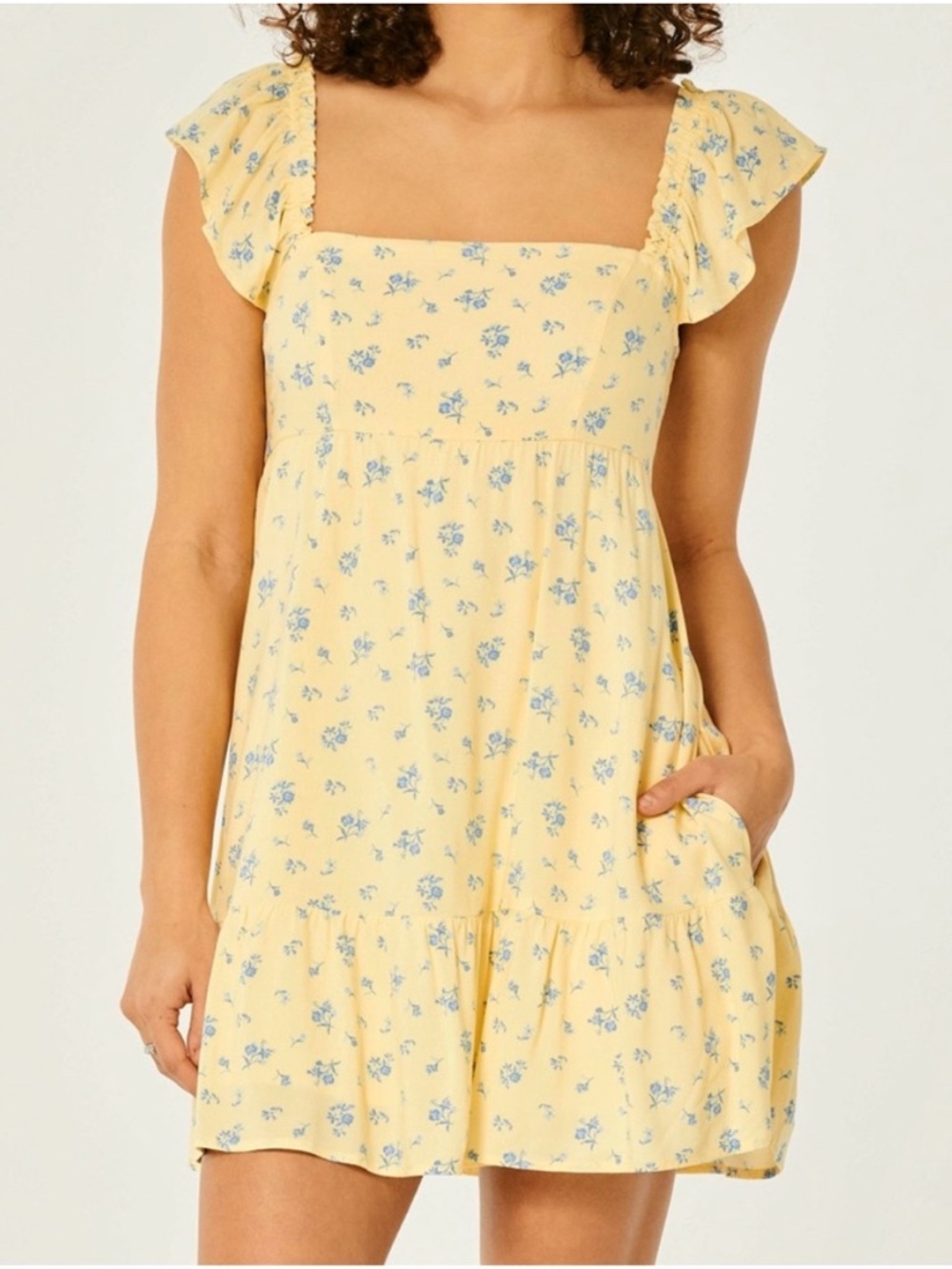 Hollister Yellow Floral Ruffle-Sleeve Mini Dress